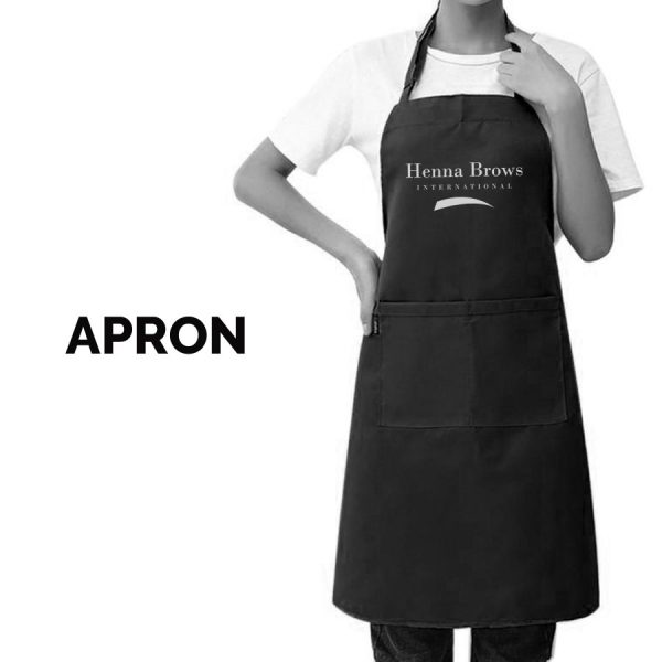 A Cotton Blend Apron with large pocket and the Henna Brows International logo on the chest